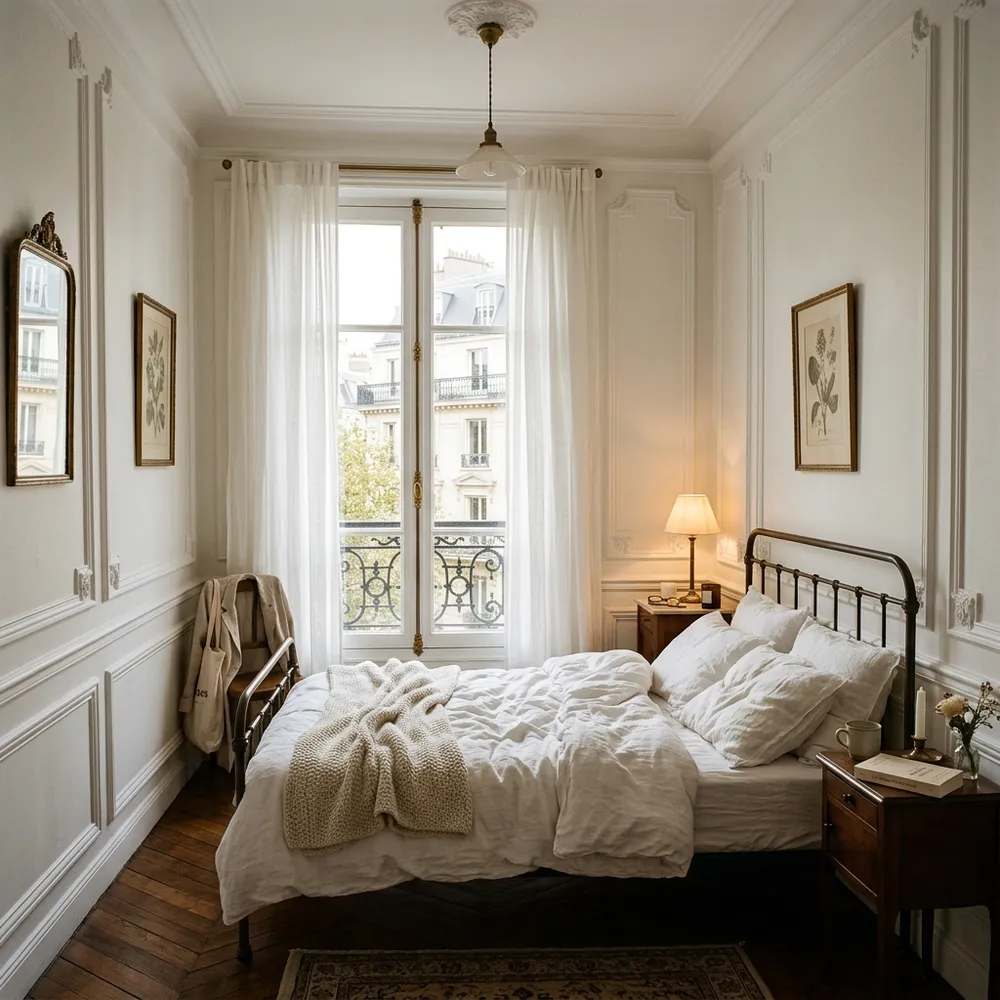 Chic Parisian small bedroom with wall moldings and tall French windows