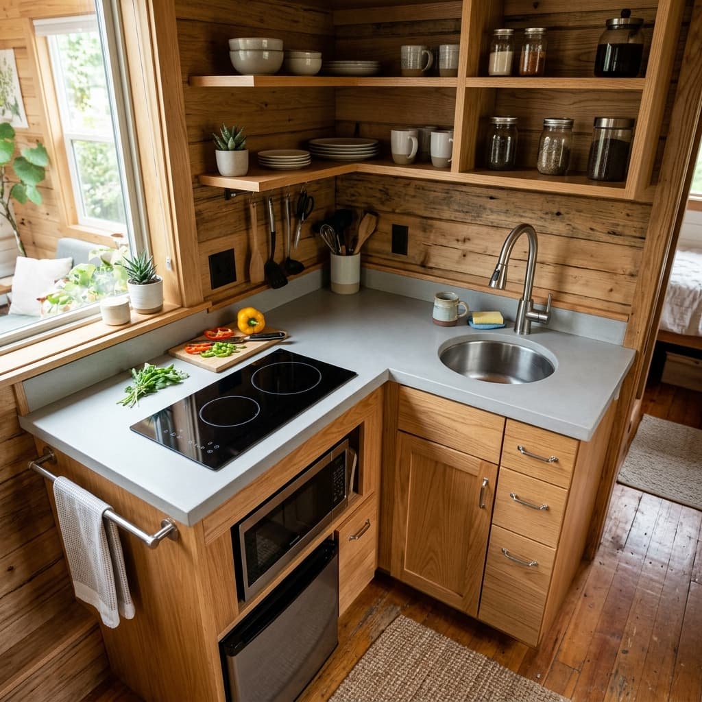 Tiny micro kitchen layout featuring an integrated cooktop and compact wood cabinetry