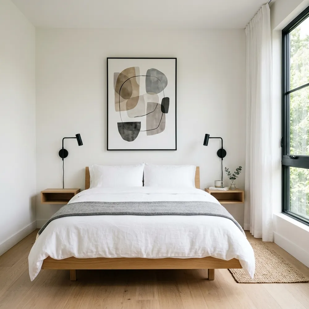 Modern minimalist small bedroom with platform bed and clean white walls