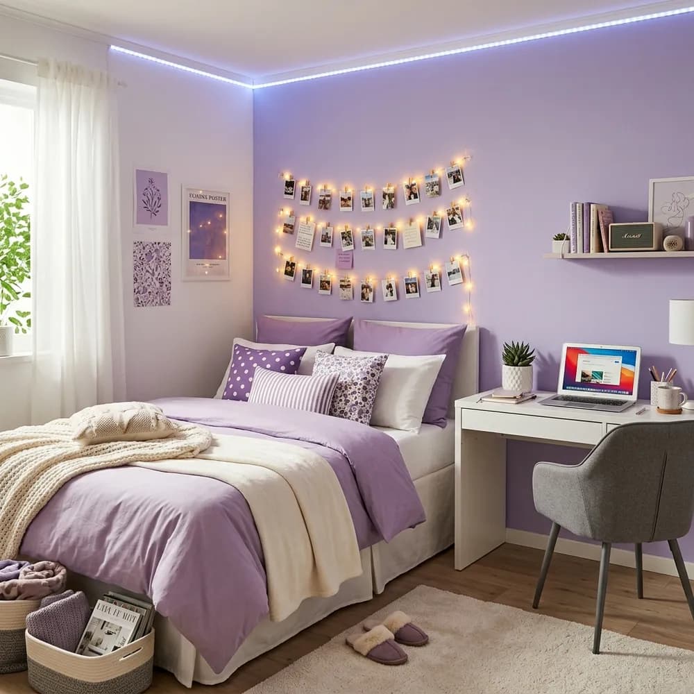 Stylish teen bedroom with lavender accent wall, pegboard organizer, and string lights