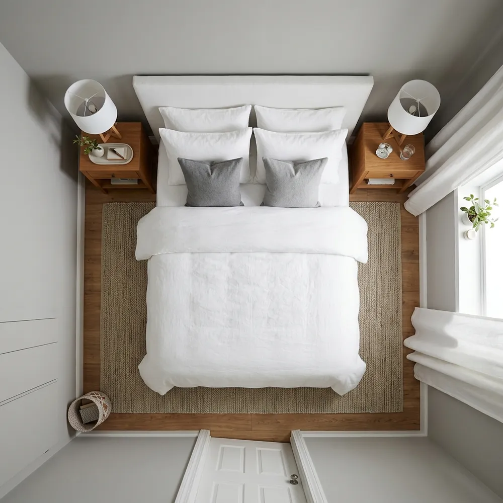 Small bedroom with corner bed placement and floating shelves above