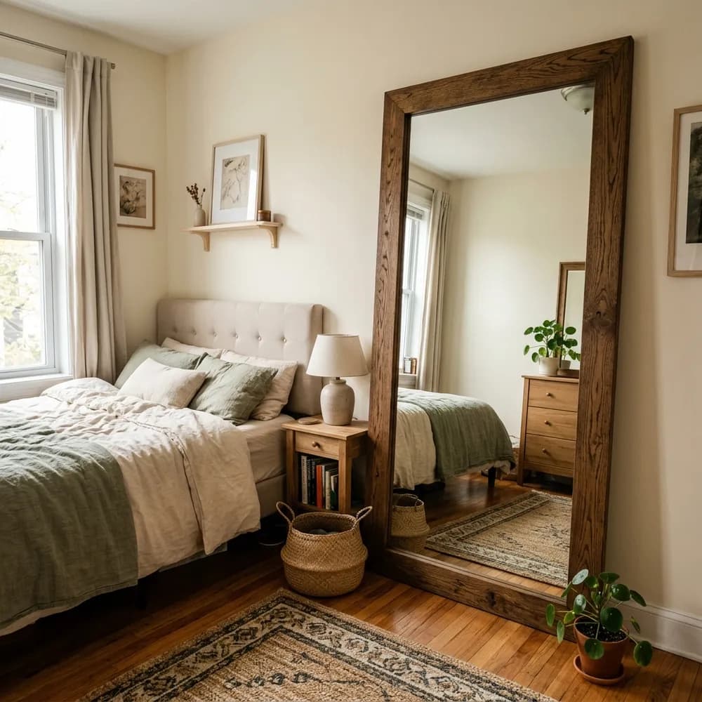 Small bedroom featuring a large wood-framed floor mirror that reflects light and makes the room look wider