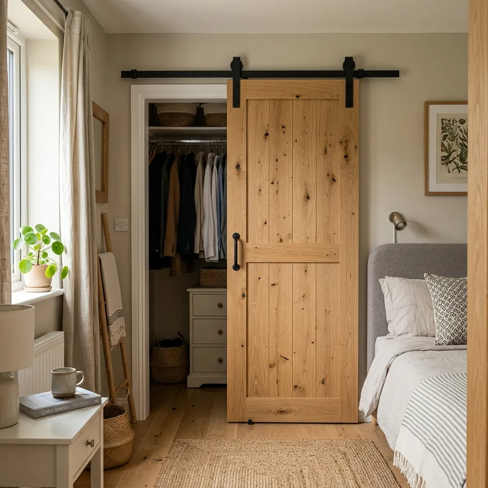 Small bedroom closet featuring a space-saving sliding wooden barn door in light oak