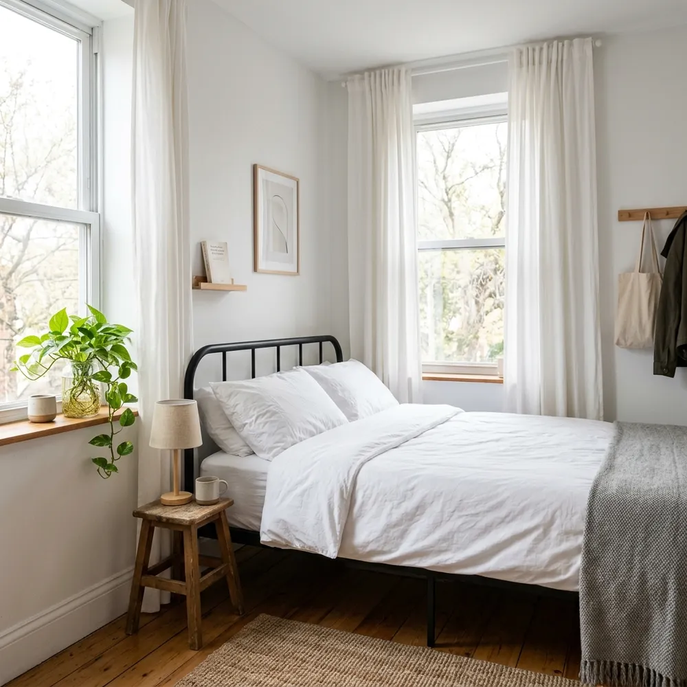 Modern city apartment small bedroom with large windows and sleek minimalist furniture