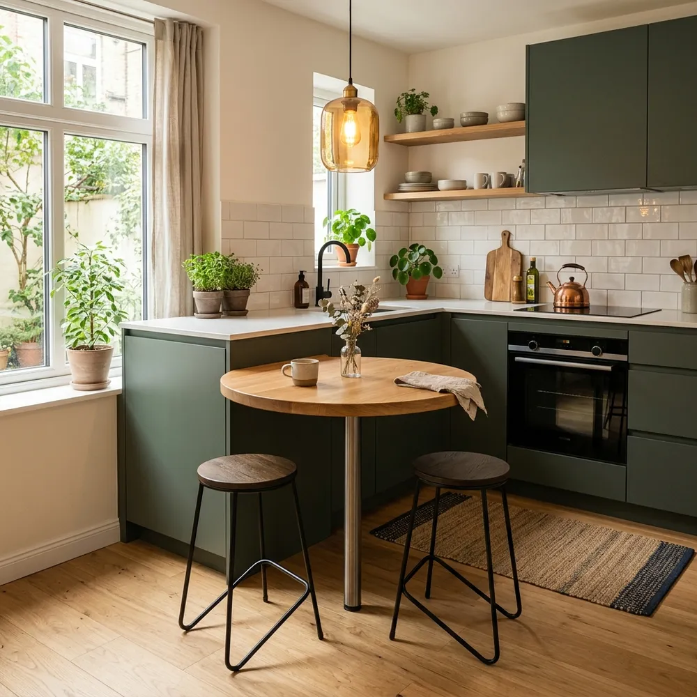 Small modern green kitchen featuring an integrated round wooden dining table and stools