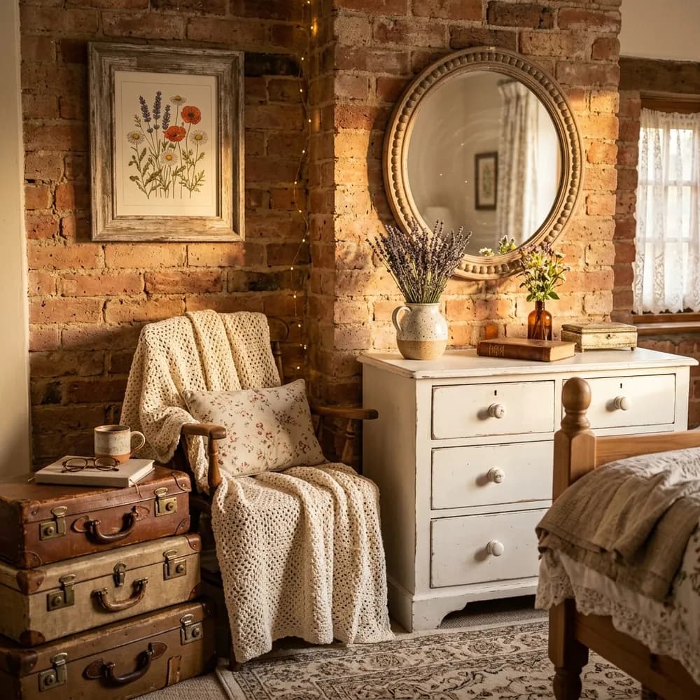 Small bedroom makeup vanity corner with wall-mounted mirror and floating shelf