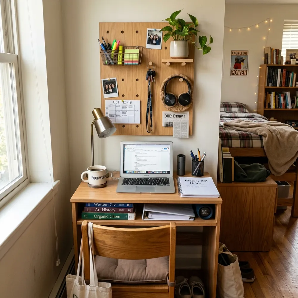 Cozy small college apartment bedroom with desk setup and loft bed layout