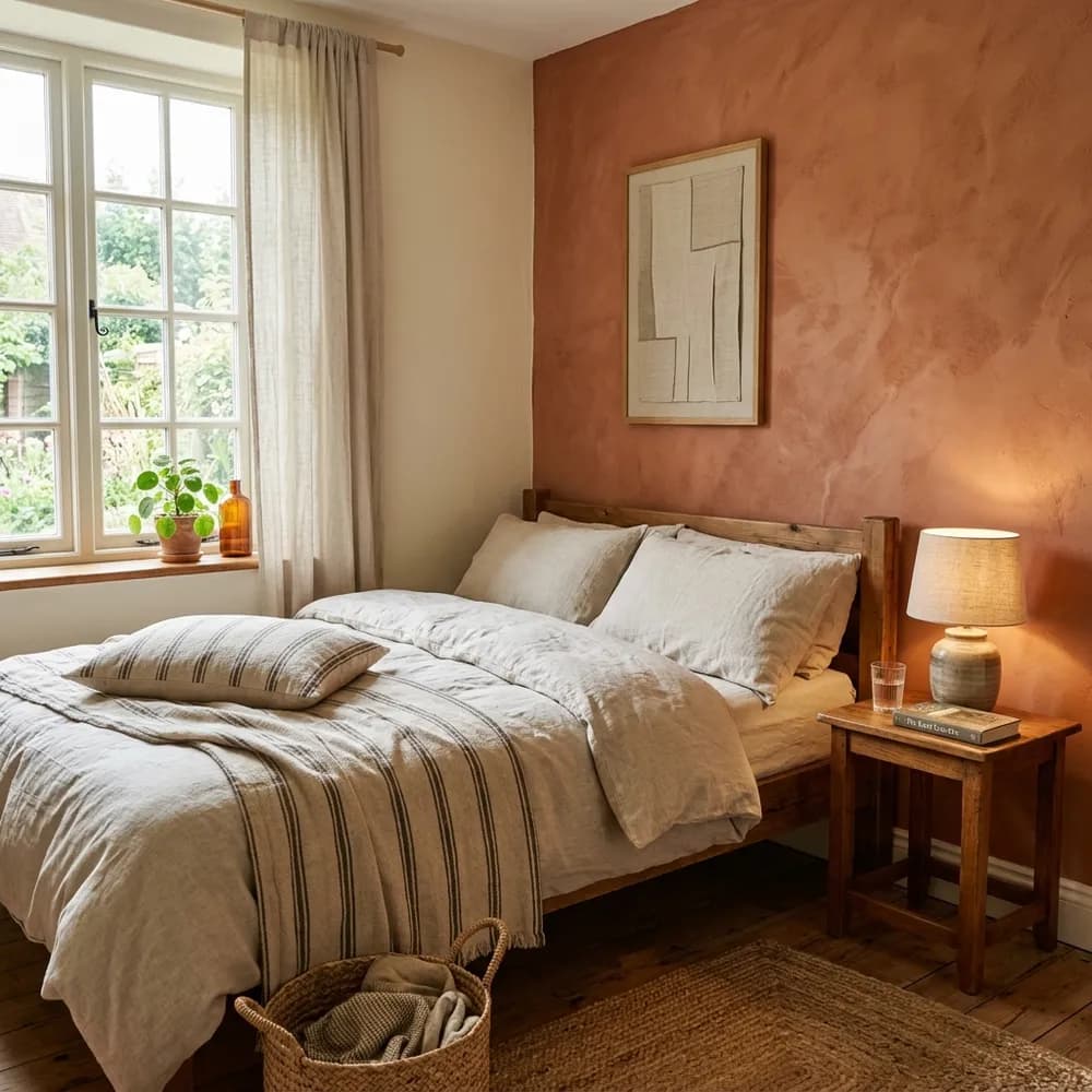 Earthy small bedroom layout styled with terracotta painted walls, linen sheets, and wood bedside tables