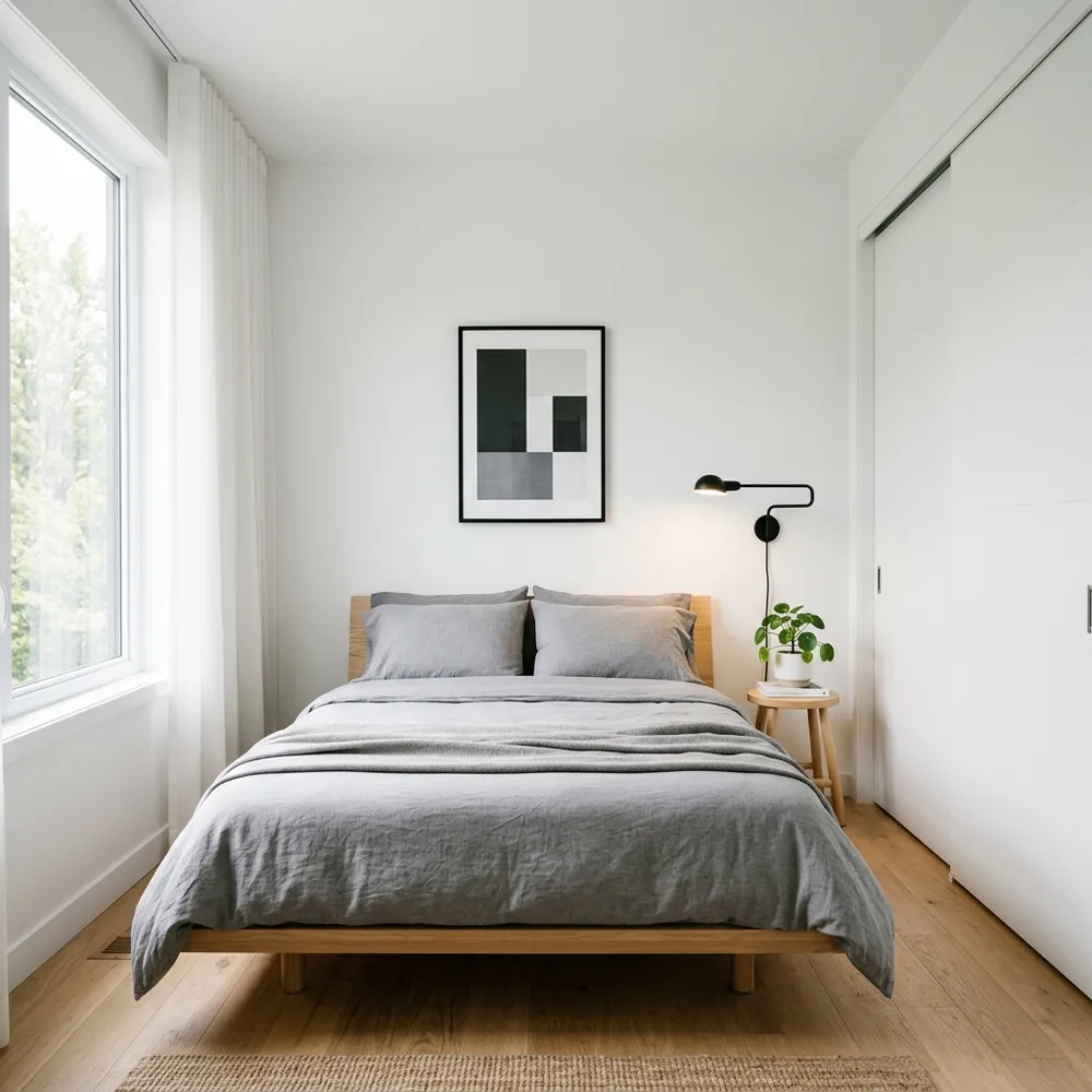 Small bedroom with floating shelf nightstand and minimalist clean layout