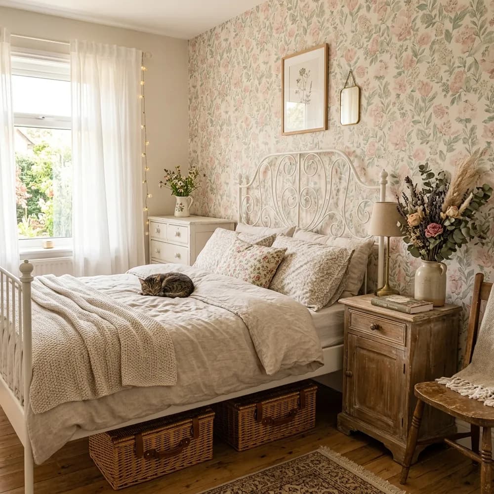 A cozy cottagecore small bedroom with floral wallpaper and white iron bed frame