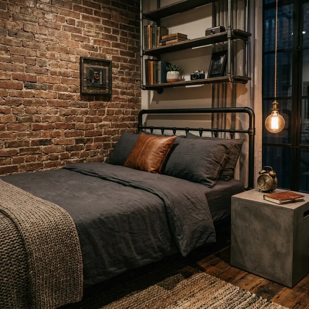 Industrial style small bedroom with exposed brick wall and metal bed frame