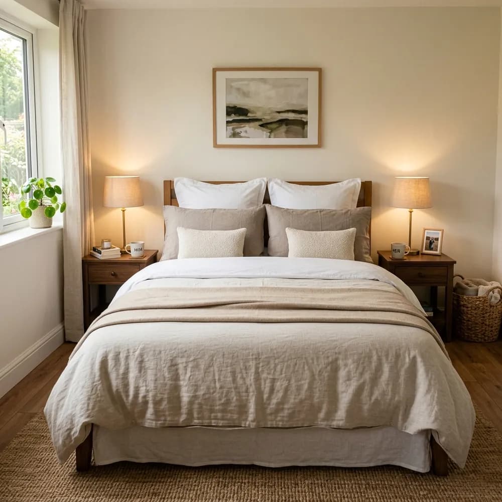 Symmetrical small bedroom layout designed for couples featuring warm neutral colors and bedside tables