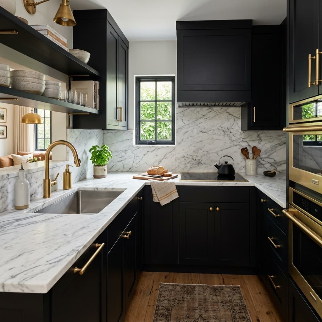 Small luxury kitchen featuring high-contrast matte black cabinets and white marble countertops