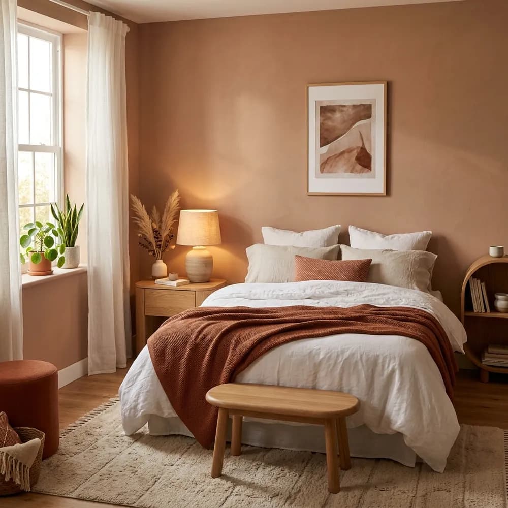 Small bedroom with warm clay walls, white linen bedding and terracotta accents