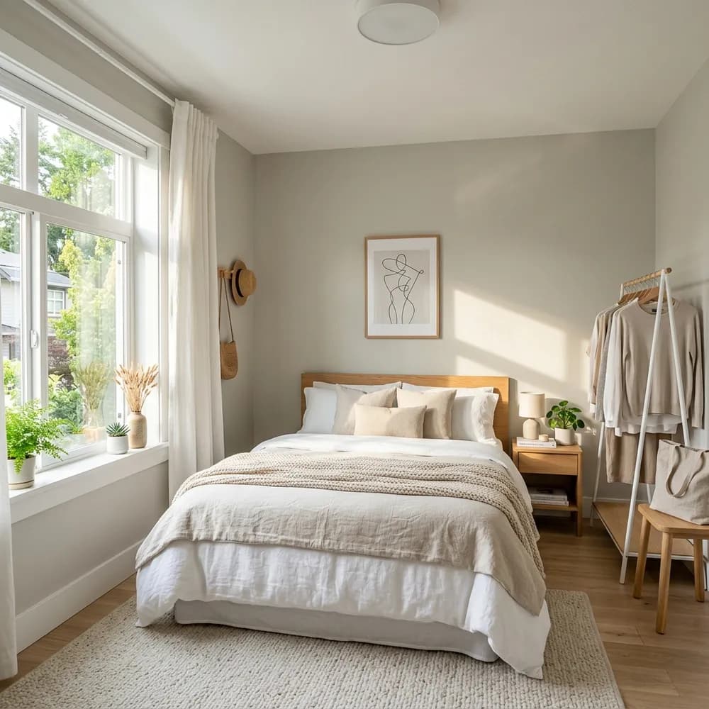 Greige Small Bedroom Ideas for a Calm Cozy Look featuring cozy design and layout