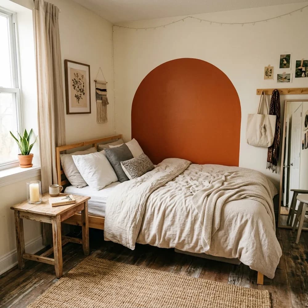 Small budget-friendly bedroom featuring a terracotta painted wall arch and thrifted nightstand