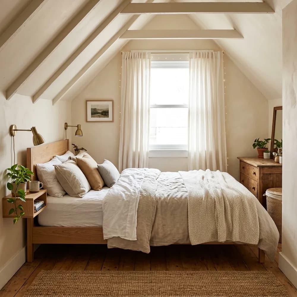 Small cozy attic bedroom featuring a queen bed tucked under sloped ceilings