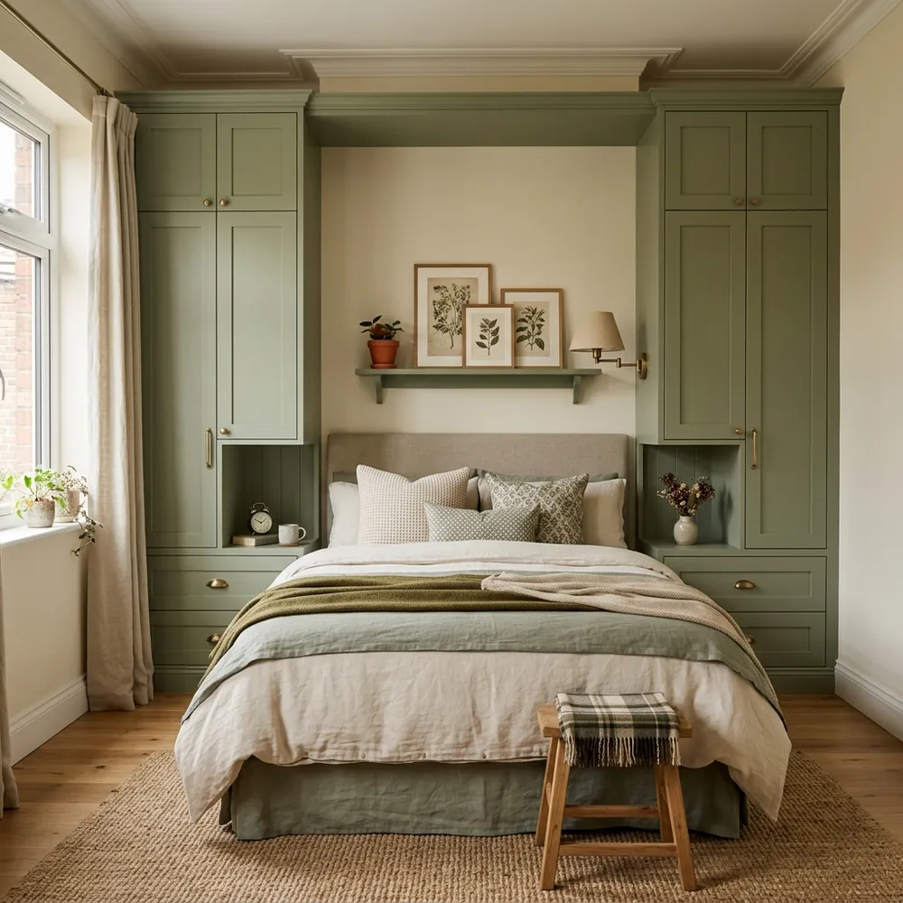Small bedroom with custom floor-to-ceiling wardrobes built-in around the bed headboard