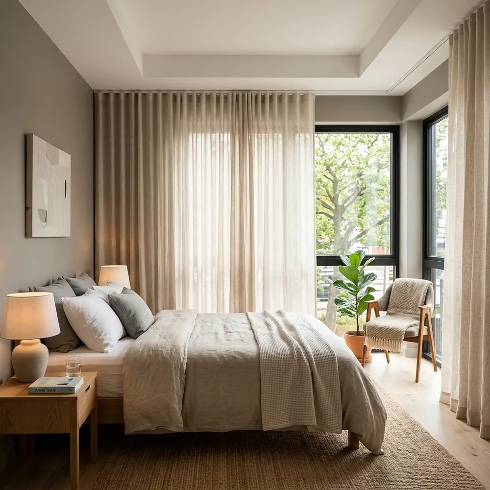 Elegant small bedroom with ceiling-mounted sheer curtains letting in soft sunlight