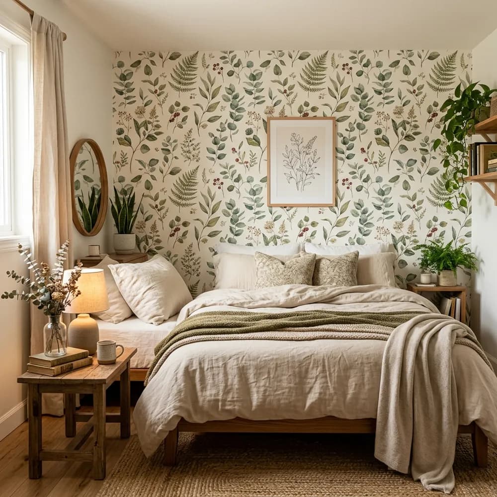 Small bedroom with a beautiful botanical wallpaper accent wall behind the bed