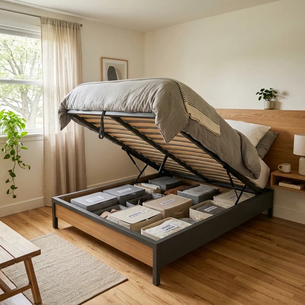 Small modern bedroom with a hydraulic lift storage bed frame open showing storage below