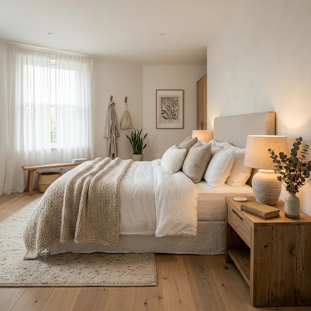 Cozy small bedroom with warm lighting, soft textiles and inviting atmosphere
