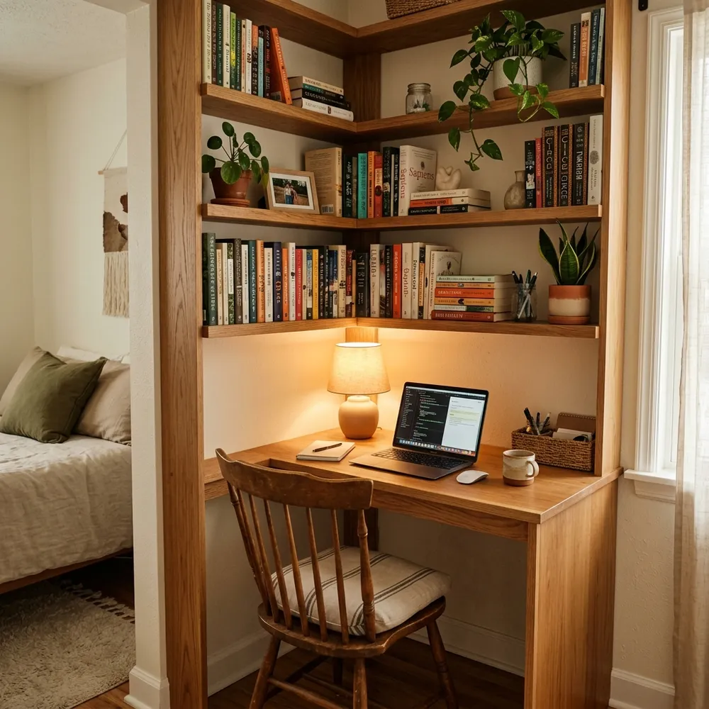 A beautifully organized, luxury small living room with custom built-in shelving, elegant decor, and minimalist styling.