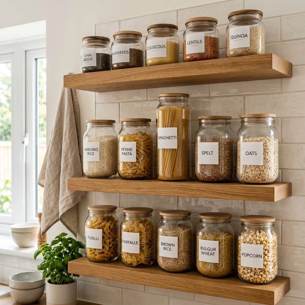 Organized small kitchen showing glass jars arranged neatly on floating wood shelves