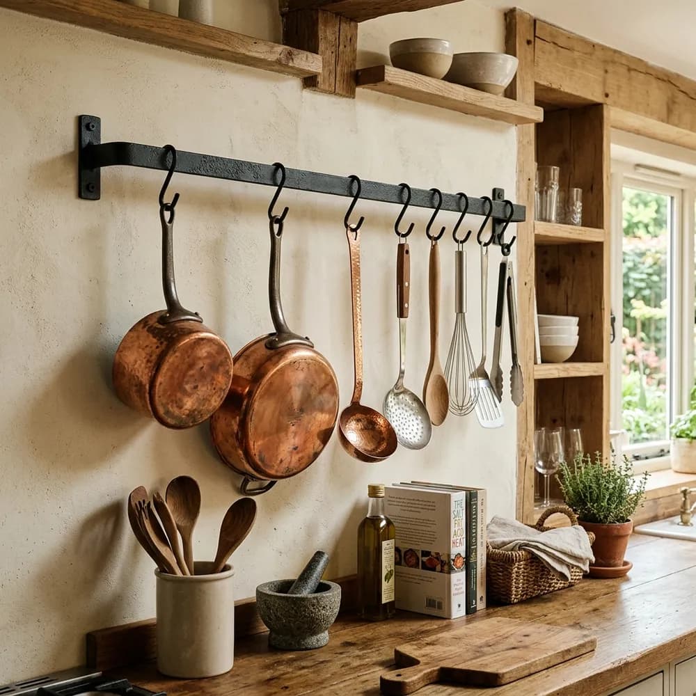 Small kitchen wall featuring a black metal rail holding hanging copper pots and utensils