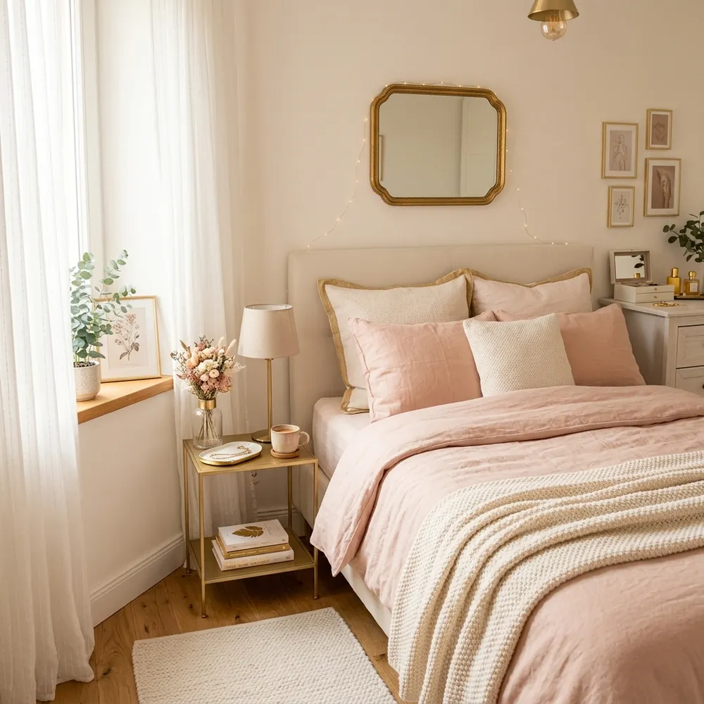 Soft feminine small bedroom with blush pink linen bedding, gold frames, and a cozy vanity table