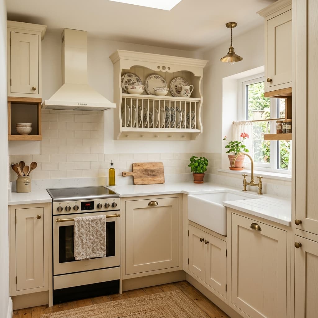 Small vintage-inspired kitchen styled with cream shaker cabinets and an apron farmhouse sink