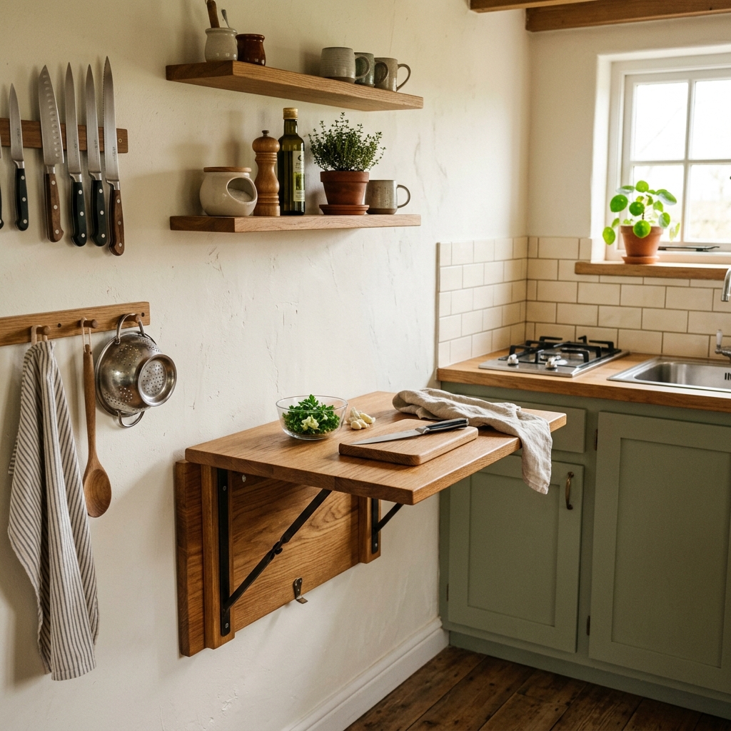 Space-saving fold-down wooden prep table mounted on a kitchen wall next to the stove
