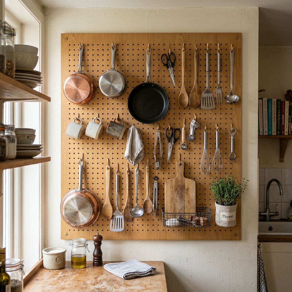 Large wooden pegboard mounted on a micro kitchen wall holding pots, pans, and utensils