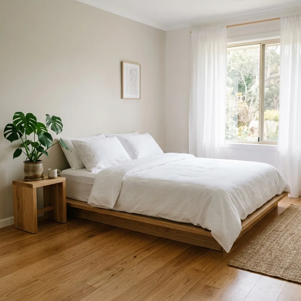 Low wooden platform bed frame close to the floor styled with white cotton bedding and wood stool