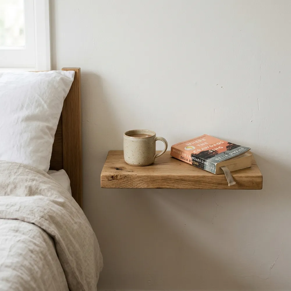 Floating wooden bedside shelf acting as a nightstand with a ceramic mug and book