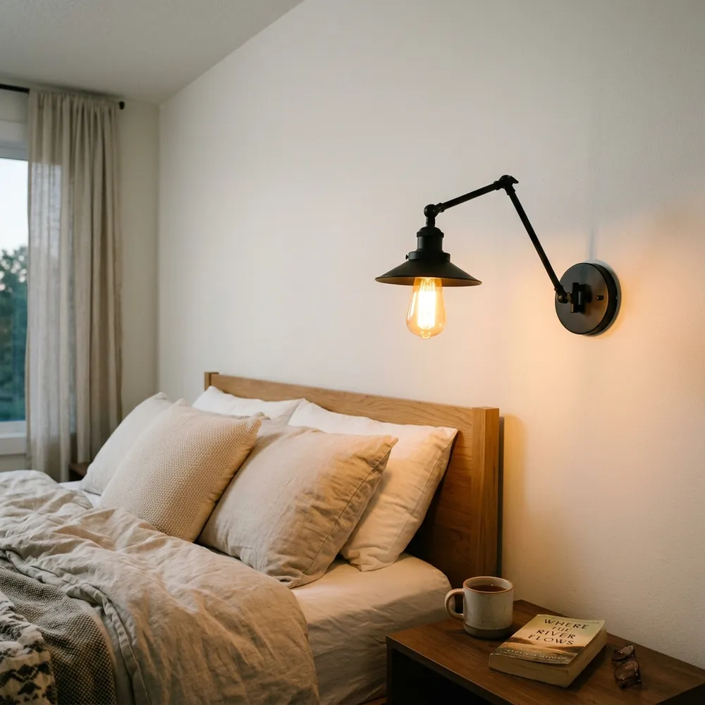 Black swing-arm wall sconce mounted next to the bed frame saving nightstand surface space