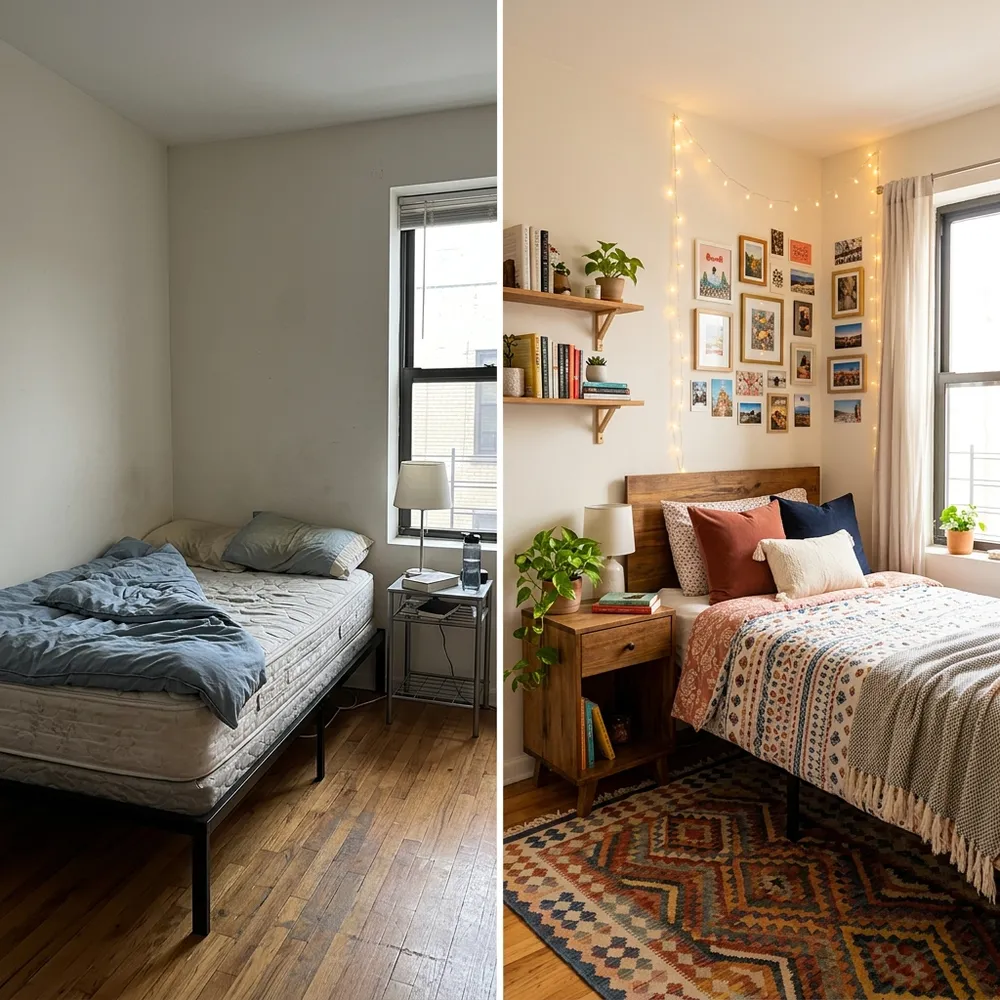 A before-and-after style transformation of a small apartment kitchen, showing a shift from cold grey to warm beige and natural wood.