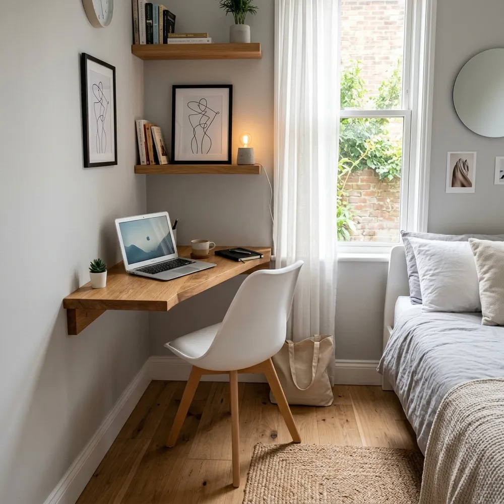A space-saving floating oak wooden desk built into a cozy bedroom corner next to the window