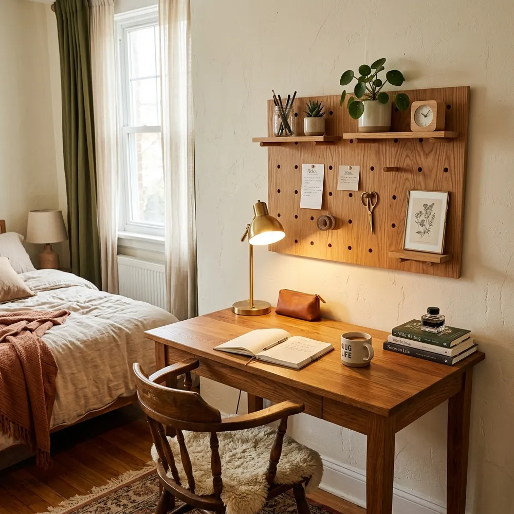 Wooden desk in a bedroom corner featuring a wall-mounted pegboard organizer for writing tools