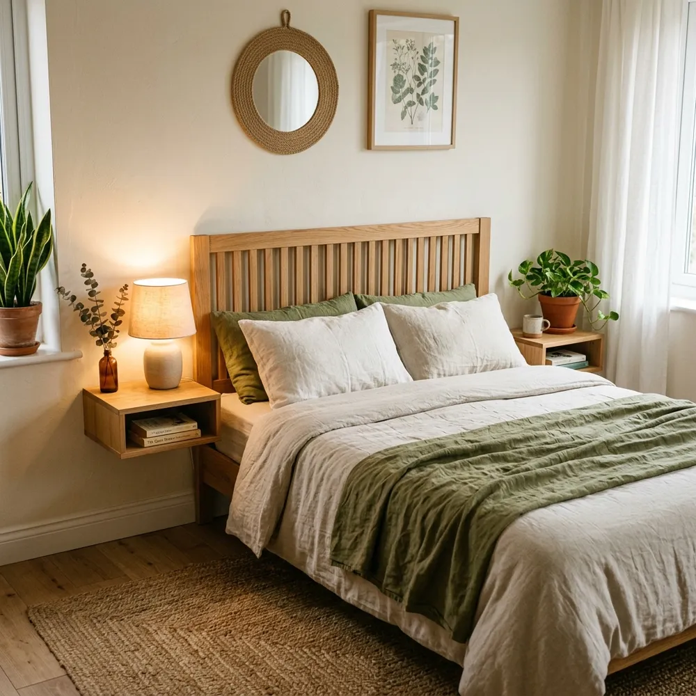 Earthy bedroom layout with oak headboard, floating nightstands, and green houseplants