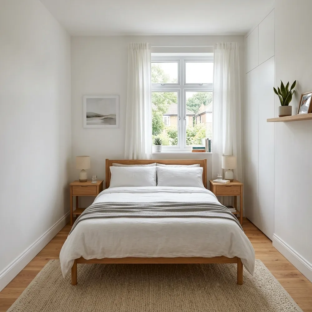 A narrow bedroom layout showing comfortable walking paths on both sides of the bed