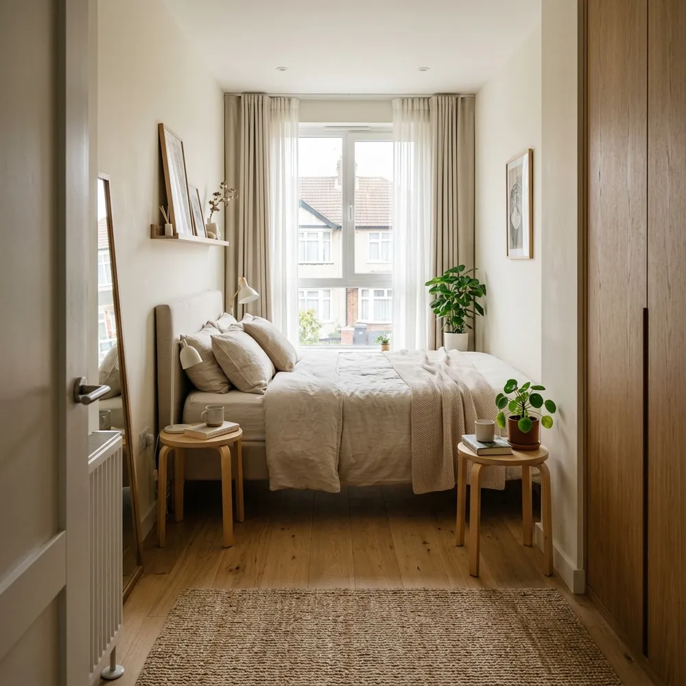 Slender circular wooden stools used as nightstands to maintain spacious walkway paths