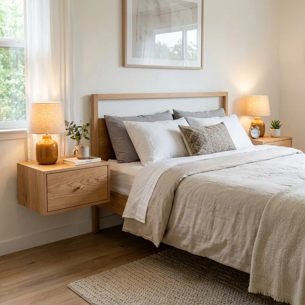 Floating wooden bedside drawer mounted on the wall to save couples floor space