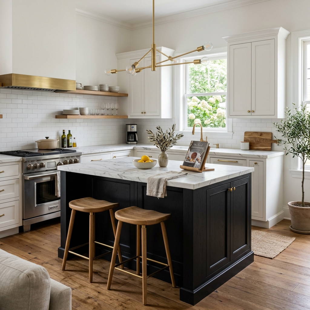 Small kitchen layout featuring a black island with a thick white marble slab top