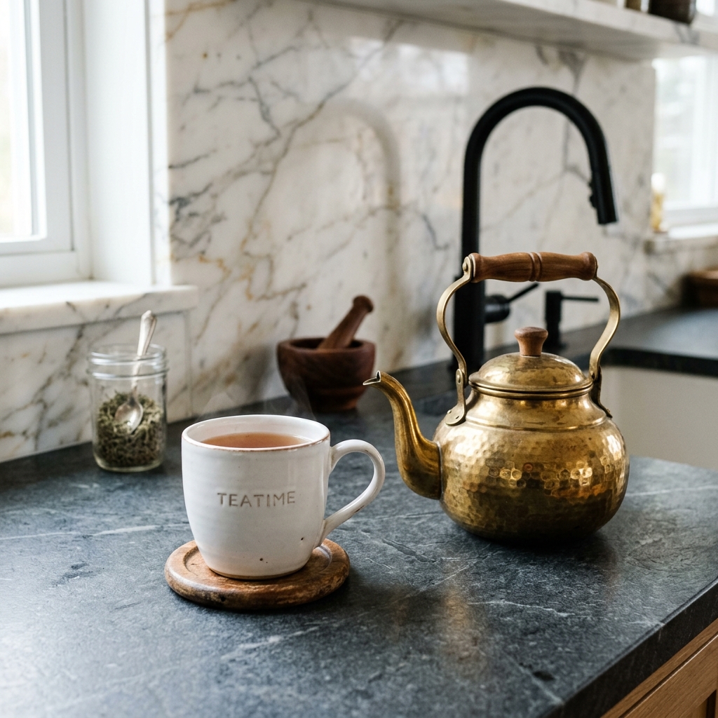 Close-up of a kitchen counter with black granite and a warm brass teapot and white mug