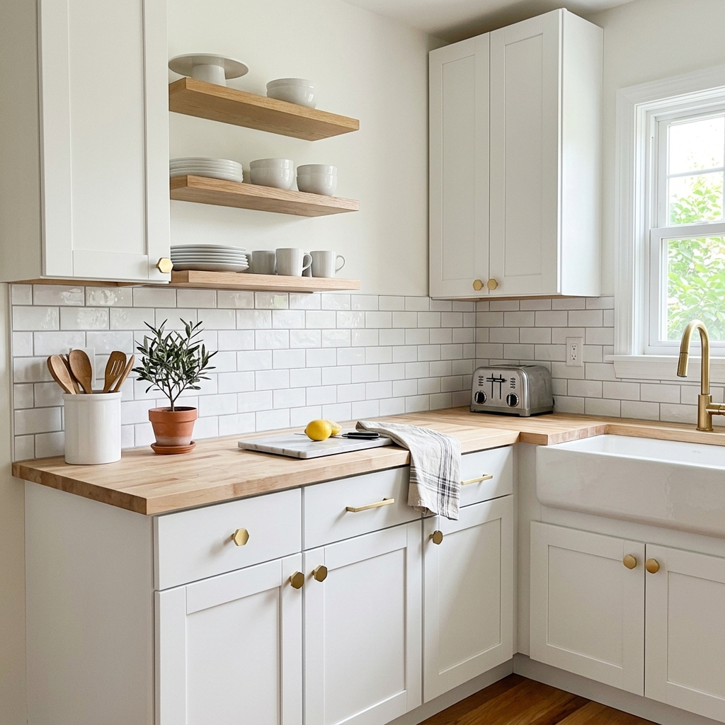 A bright rental kitchen upgraded with temporary peel-and-stick subway tiles and gold cabinet hardware