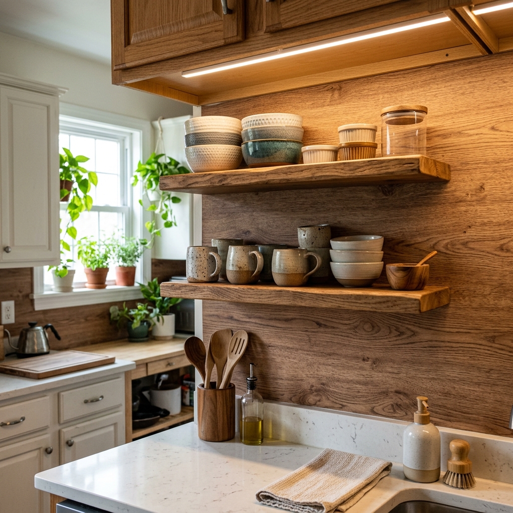 Under-cabinet shelving area updated with wood contact paper and styled with ceramic bowls
