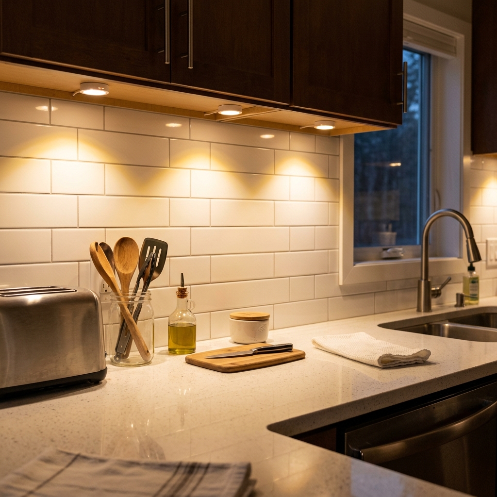 Rental kitchen prep counter illuminated with warm wireless LED under-cabinet puck lights
