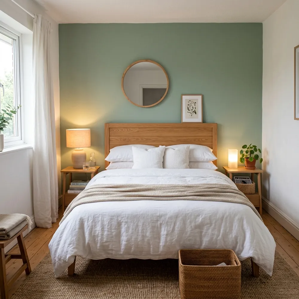 A beautiful small bedroom featuring a soft sage green accent wall and natural wood bed frame