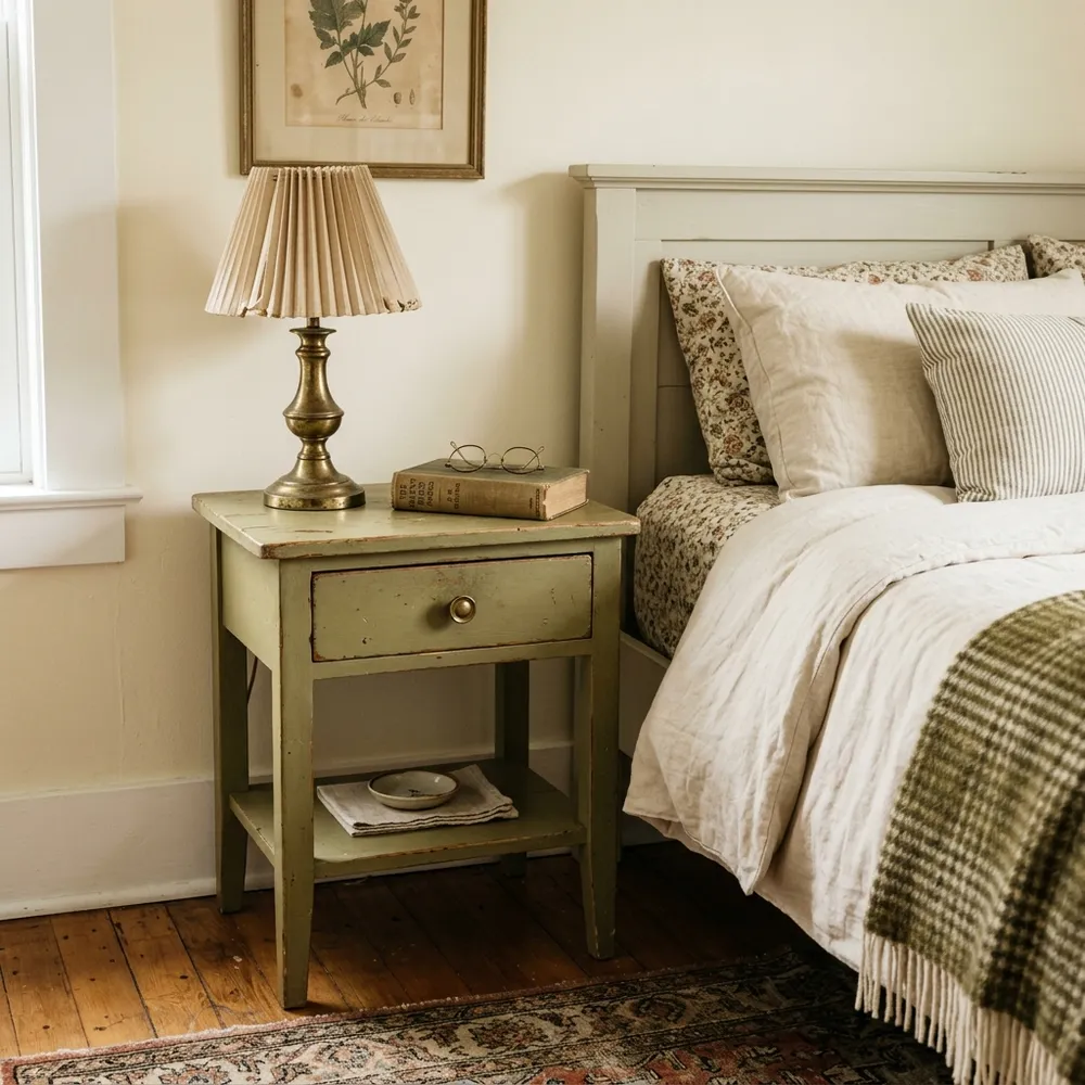 A vintage green painted nightstand styled with a classic brass table lamp and antique book